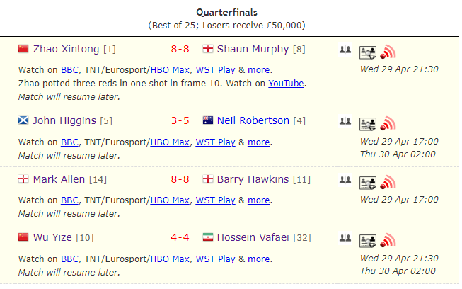 CCTV5直播，21:30，赵心童VS魔术师、吴宜泽VS最大黑马，中国2将冲冠